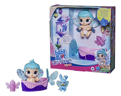 Baby Alive Glo Pixies Minis Muñeca Aqua Flutter Con Mascota