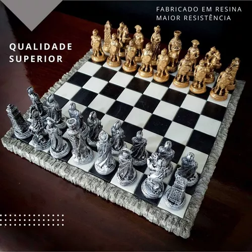 Jogo de Xadrez Medieval Rústico Coleção Temático Peças Chess Set Tabuleiro  Preto Branco Grande