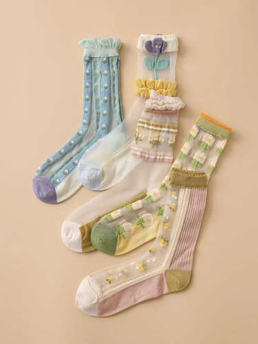 4 Pares De Calcetines De Malla Transparente Con Estampado