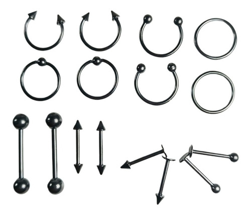 Pack 16 Piercing Set Tragus Septum Industrial Nostril Helix