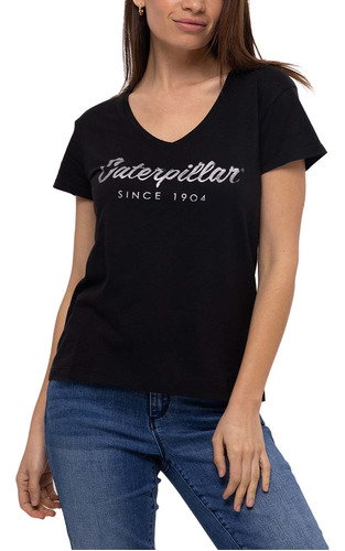 Remera Caterpillar Cat Script V Neck Te Pitch Black Sil Dama