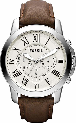 Reloj Fossil Grant Para Hombre 44 Mm Con Dial Blanco Color de la correa Café Color del bisel Plateado