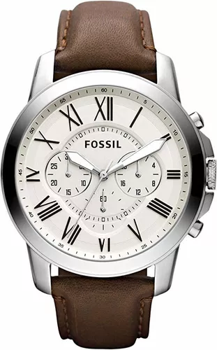 Reloj Fossil Grant Para Hombre 44 Mm Con Dial Blanco Color de la correa  Café Color del bisel Plateado