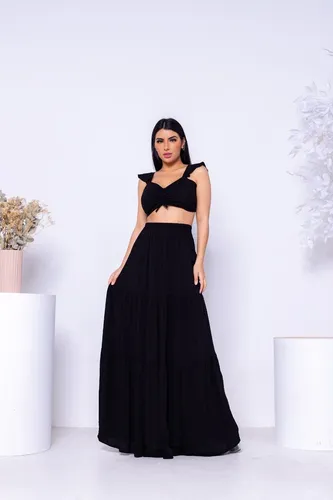 Conjunto Saia Longa Tr s Marias Cropped Feminin Preto