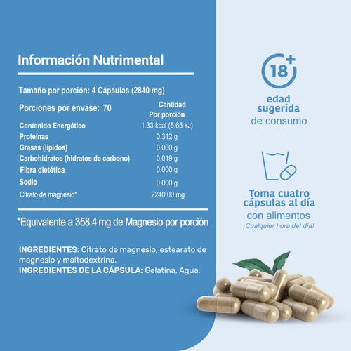 Imagen 7 de 9 de Suplemento Citrato Magnesio Life 360+ 280 Cápsulas Sabor Neutro