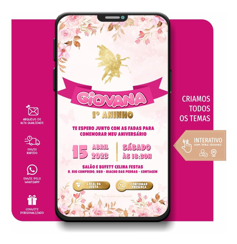 Convite Jardim Das Fadas Rosa Aniversario Virtual Interativo