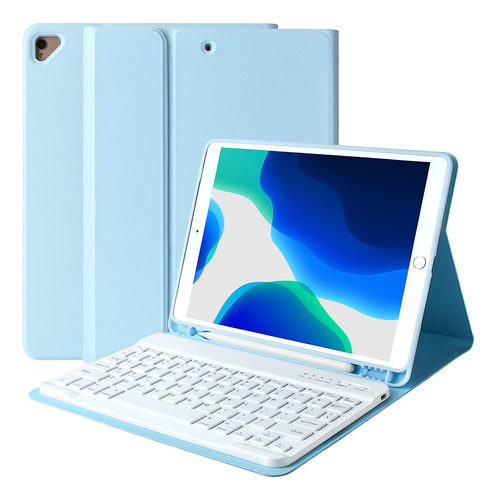 Funda Soporte Celeste Teclado Blanco Para iPad 10.2