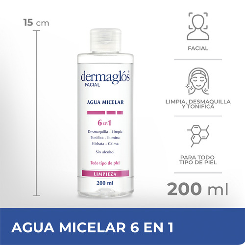 Imagen 6 de 8 de Agua Micelar Dermaglos 6 En 1 X 200 Ml