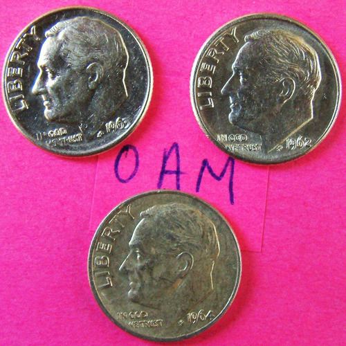 1952 1955 S 1964 (3) Roosevelt Dime Plata .9 10c Centavos Au