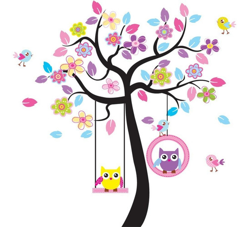 Imagen 5 de 7 de Vinilo Decor Sticker Arte Niño Pared - Arbol Buhos Color