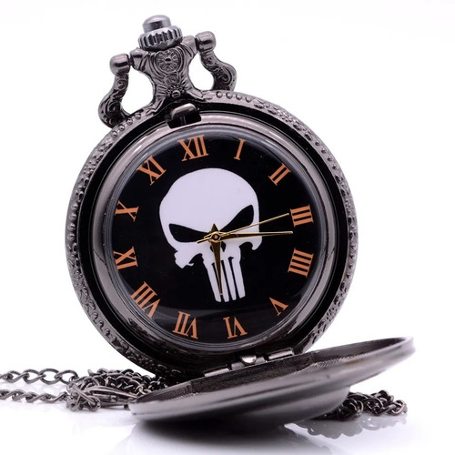 Reloj Punisher Negro Bolsillo Manecillas Cadena Incluida
