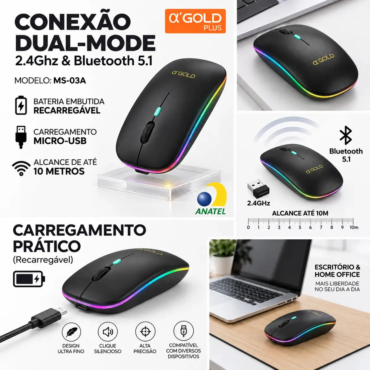 Mouse Sem Fio Bluetooth + Usb 2.4g Recarregável Rgb Ms-03a Cor Preto
