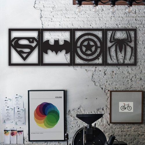 Cuadro Super Heroes Logos S Cuadríptico Negro Mdf Calado