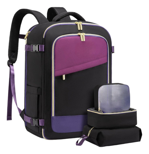 Mochila De Viaje 40 Litros Con 3 Estuches. Negro Y Violeta