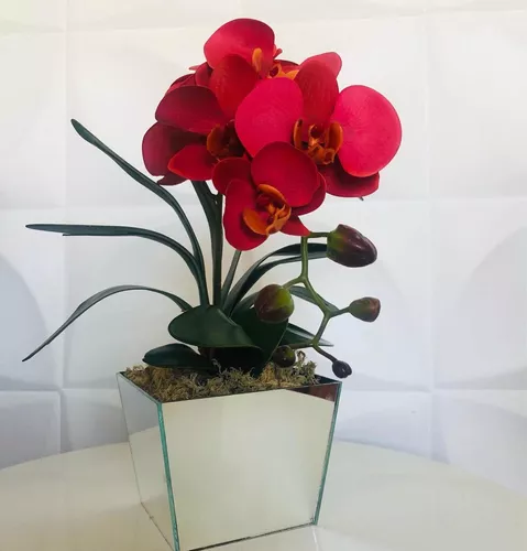 Arranjo De Orquídeas Em Silicone Com Vaso Espelhado