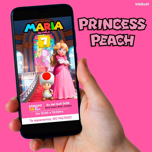 Invitación Tarjeta Digital Cumpleaño Princesa Peach Whatsapp