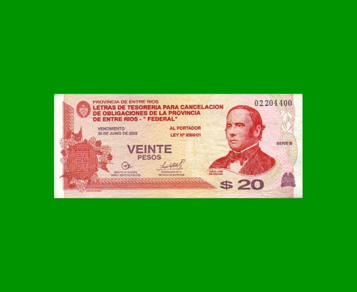 Bono Entre Rios $20, E C 337, Año 27/12/2001, Estado Muy B+