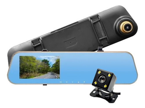 Imagem 1 de 6 de Kit Espelho Retrovisor Grava Em Cartão Sd Encaixe Sobrepor Com Camera Dianteira Full Hd Frontal + Camera De Re Traseira