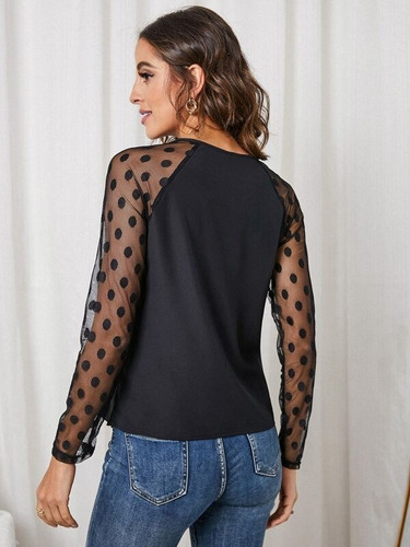 Blusa De Cuello Abertura De Ojo Con Malla Jacquard