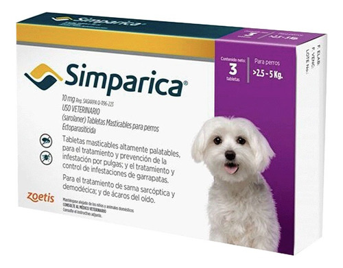 Simparica 10mg Para Perros 2.5 A 5kg X 3 Tab