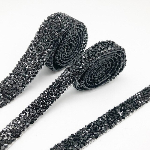 Aplique Termoadhesivo Tira Galon De Strass Negro 50cm X 1cm Negro