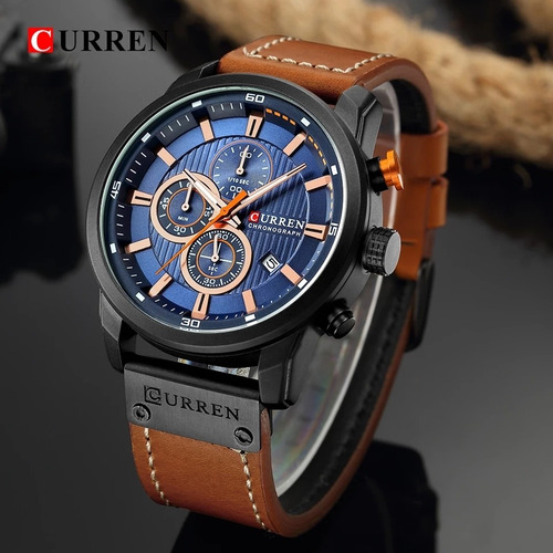 Relogio Masculino Curren Com Couro Marrom Legitimo Chronos Funcionam Todos Caixa Preta Fosca De 50mm Com Frete Gratis.