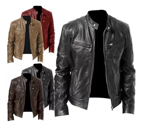 Chaqueta De Cuero Genuino Para Hombre Con Cremallera Negra