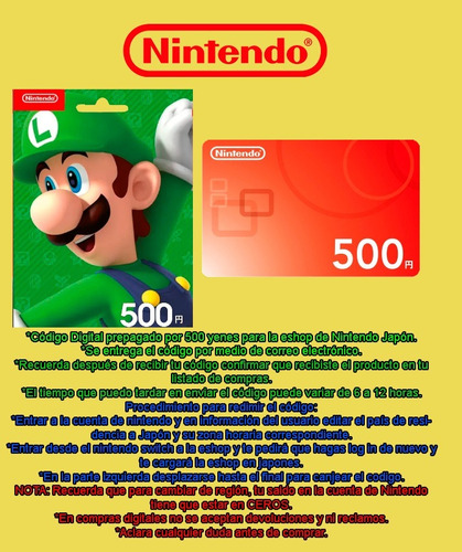 Tarjeta Digital Para Nintendo Eshop 500 Yenes, Japon