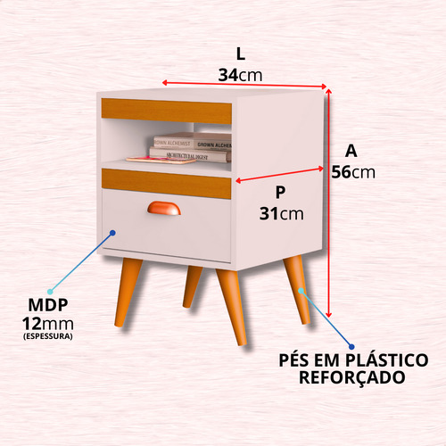 Kit 2 Mesa De Cabeceira Com Pés Para Quarto Gaveta Com Nicho