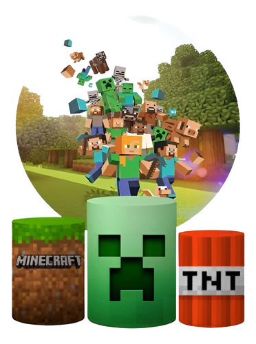 Aluguel Decoração Festa Minecraft Cilindros + Painel + Capas