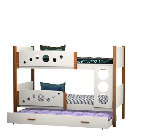 Beliche Infantil Solteiro Star C/ Cama Auxiliar Branco / Mel Cor Branco com Mel Bolinhas