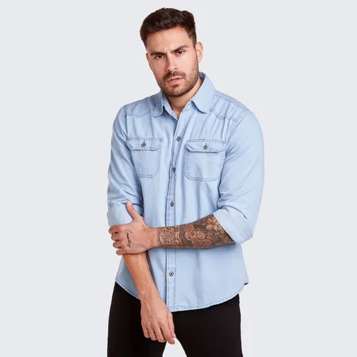 Camisa Social Masculina Jeans Manga Longa Long Fit Slim Luxo