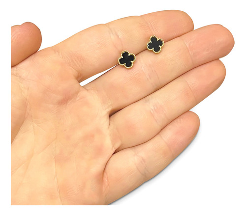 Brinco Trevo Em Ouro 18k Com Pedra Onix Natural 4 Folhas
