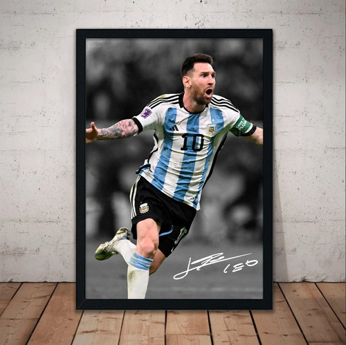 Cuadro Lionel Messi 51x36 Marco Madera Vidrio Poster Lm15