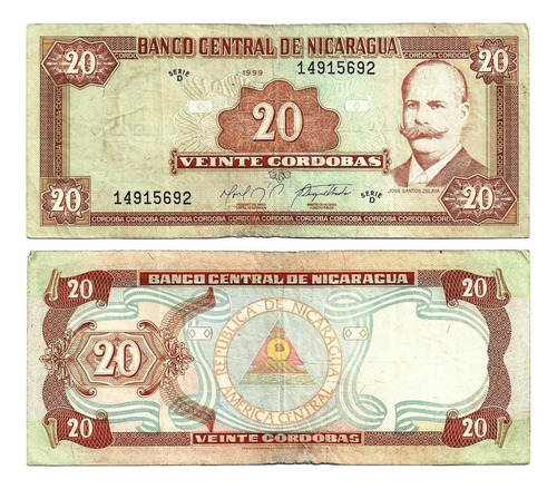 Billete Nicaragua 20 Córdobas 1999 José Santos Zelaya (Usado)