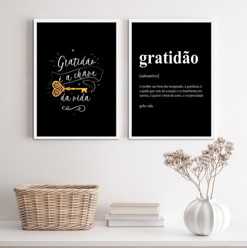 Kit 2 Quadros Gratidão 45x34cm - Vidro E Moldura Preta