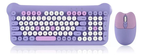 Set Teclado Y Mouse Inalámbrico As-212 Diseño Gatito Mouse Violeta Teclado Violeta