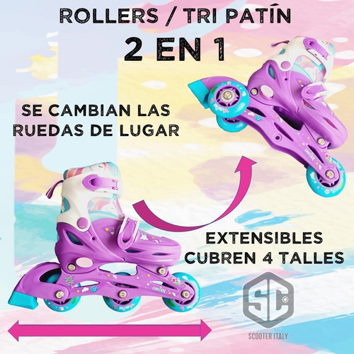 Imagen 2 de 10 de Rollers Patin 2 En 1 Extensibles Unicornio Completo Scooter