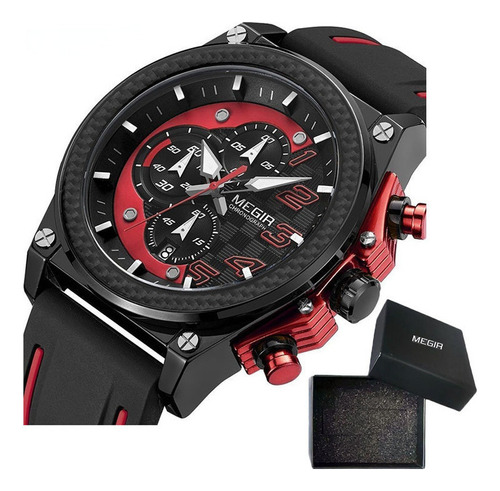 Reloj de pulsera Megir 2051 de cuerpo color negro, analógico, para hombre, con correa de silicona color negro y rojo y hebilla simple