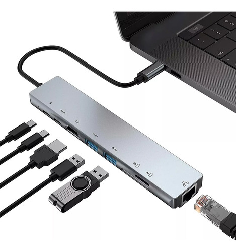 8 En 1 Usb Hub Adaptador Rj45 Sd Pd 3.0 Tipo C Hdmi 4k 5gbps