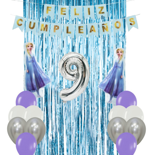  Combo Kit Deco Cumple Frozen Cortina Banderin Globos