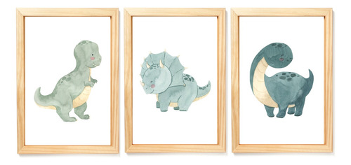 Kit Quadro Decorativo Infantil Dinossauro Aquarela Azul