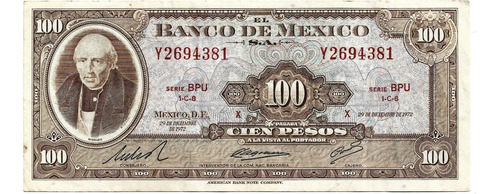 Billete México 100 Pesos Miguel Hidalgo 1972