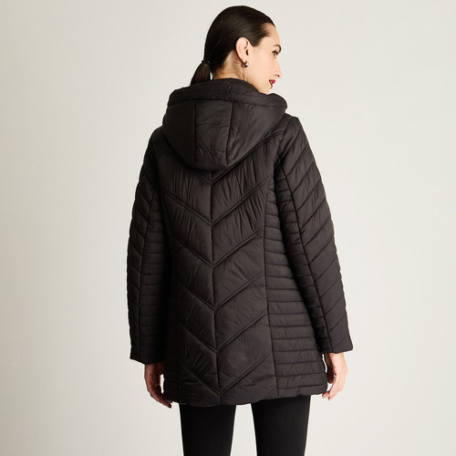 Parka Larga Con Cierre Frontal Y Gorro Negro Mujer Moda Invi
