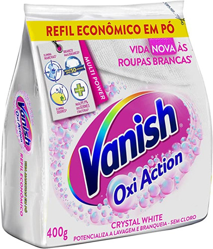 Tira Manchas Em Pó Vanish Crystal White Oxi Action 400g Refil Econômico Para Roupas Brancas