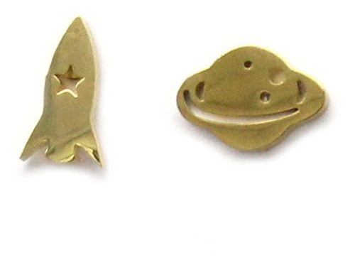 Aretes Tipo Broquel Acero Dorado Saturno Cohete Espacial Eg