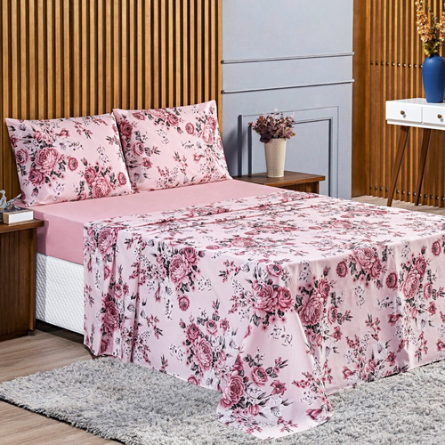 Lençol Estampado Atuale Cama Casal 4 Peças Cor Rosê