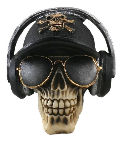 Crânio Caveira Skull Boné Fone Óculos Decorativo Resina