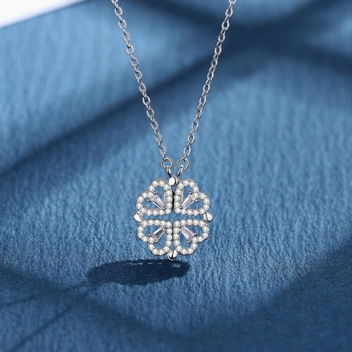 Collar Doble Vista Plata Dije Corazónes Trébol Y Circonias