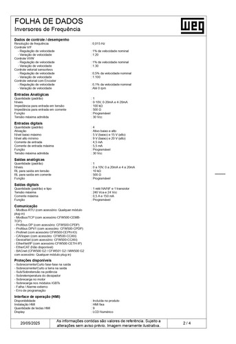 Inversor Frequência Cfw500a02p6t4nb20 1,5cv 2,6a 380/480v 3p